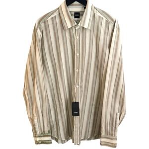 NWT HUGO BOSS Linen Blend Brown/Teal Striped Long Sleeve Shirt Men's XXL
